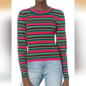 Milly woman’s Multicolor striped puff sleeve ribbed pullover sweater Petite